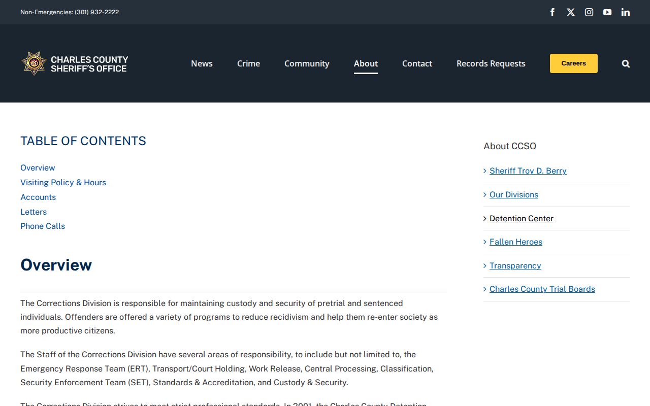 Charles County Detention Center official information page