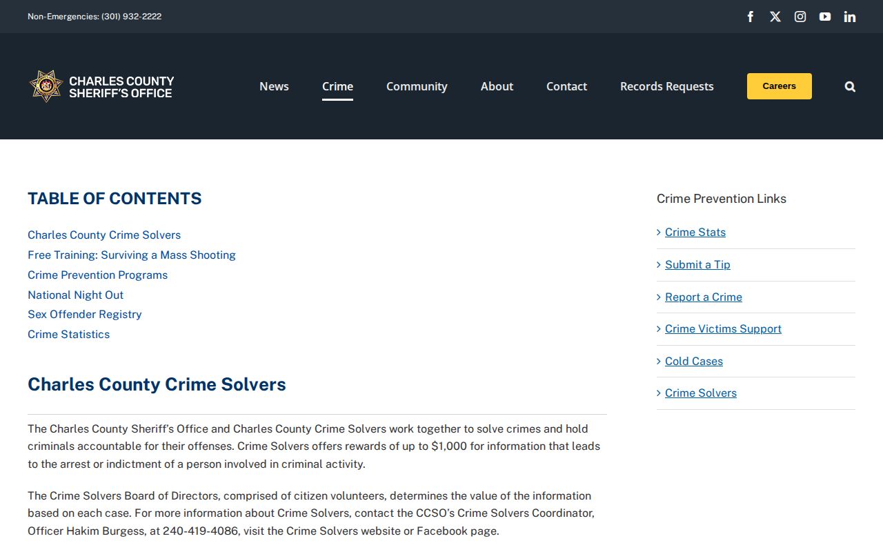 Charles County Sheriff crime page linking to activity mapping