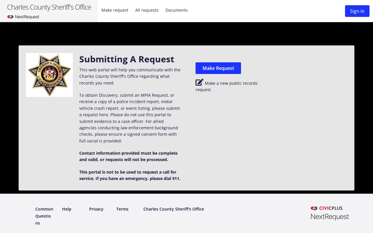 Charles County Sheriff's Office public records request portal