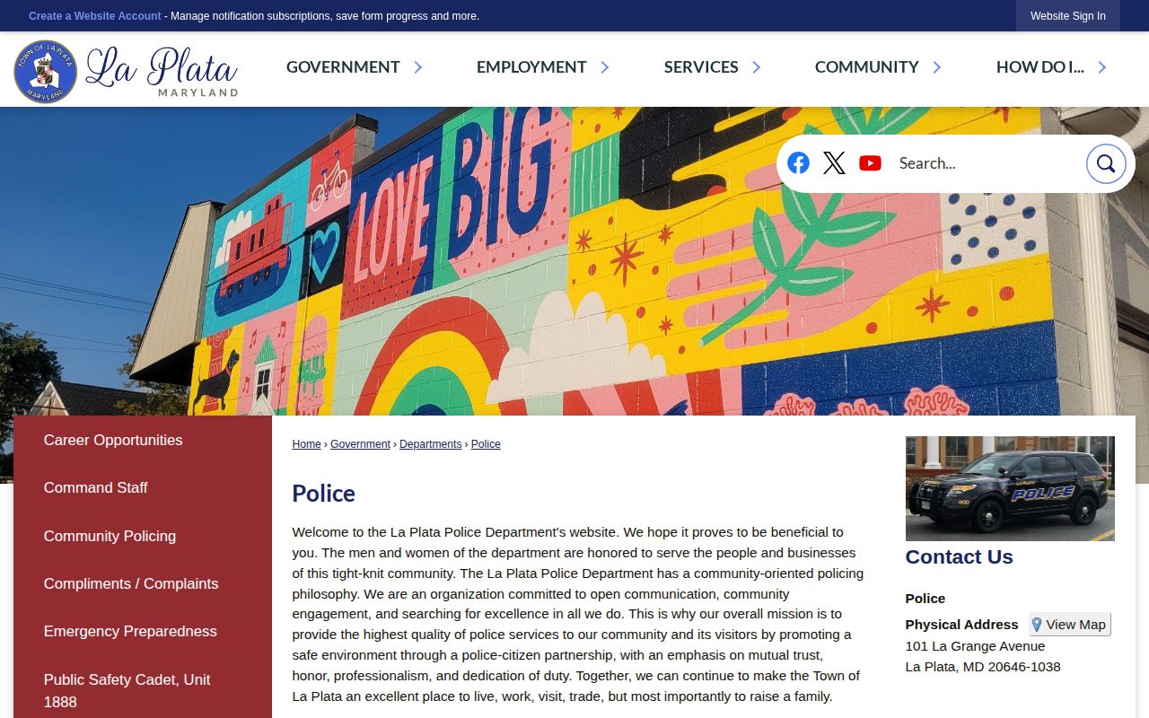 Official La Plata Police Department webpage and contact information