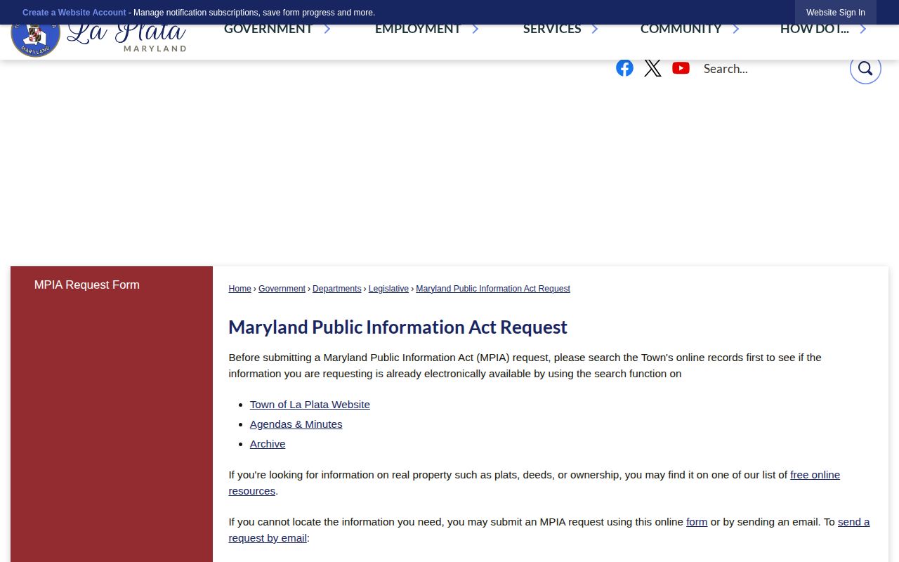 Town of La Plata Maryland Public Information Act request webpage