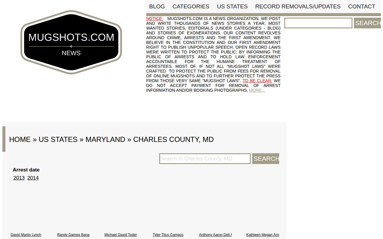 Unofficial Mugshots.com Charles County historical archive page