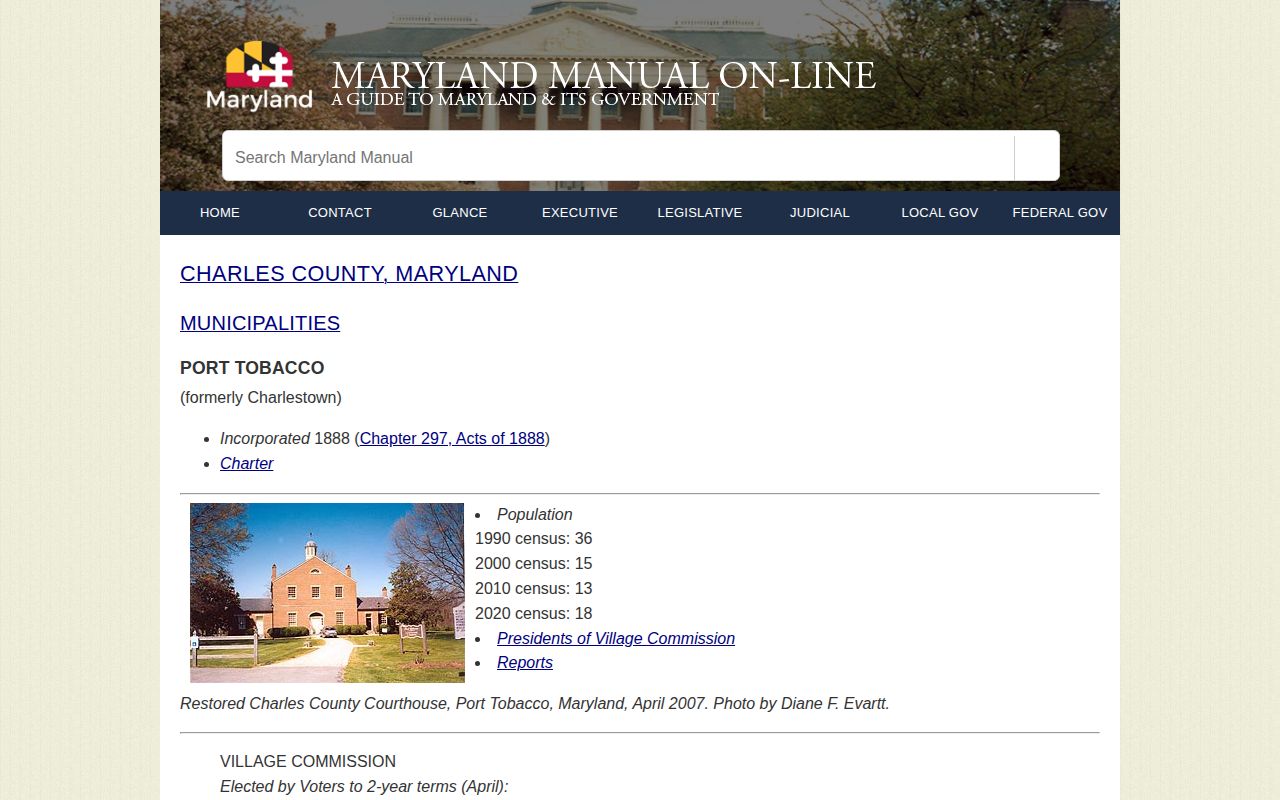 Maryland Manual official page for Port Tobacco Village